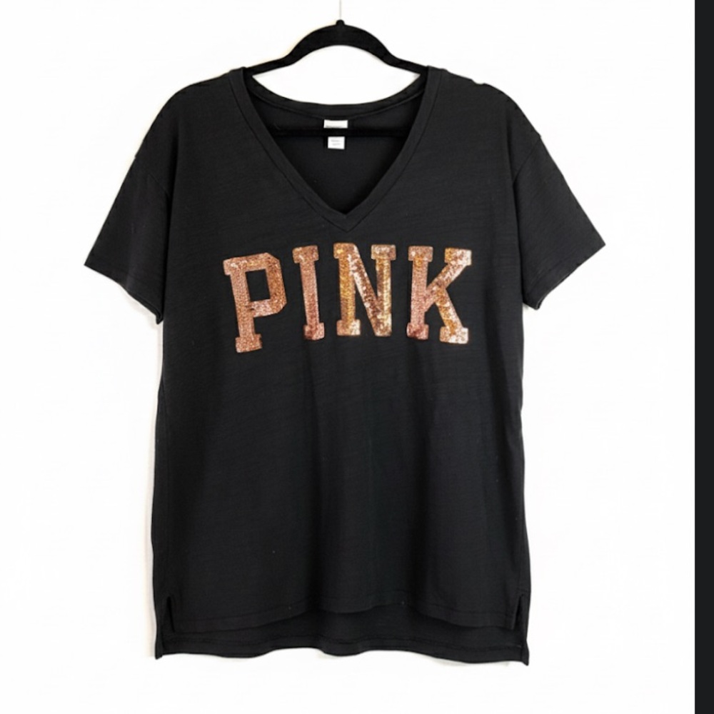 PINK VS Rose Gold Sequin Bling V-Neck Tee S